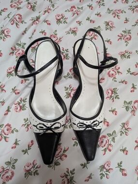 Impo Black and White Pointed Toe Slingback Heels with Bow